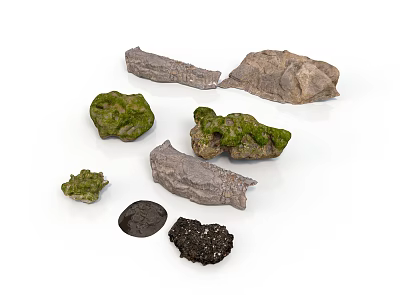 Natural Rock Collection With Various Shapes Moss Covered Gray And Black Stones 3d model
