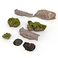 Natural Rock Collection With Various Shapes Moss Covered Gray And Black Stones