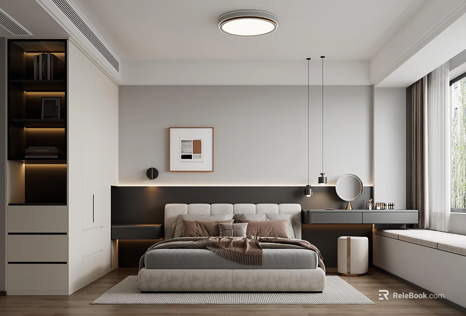 Modern Bedroom Interior Design With Comfortable Bed Wardrobe Wall Artwork And Pendant Lights 3d model 