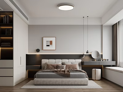 Modern Bedroom Interior Design With Comfortable Bed Wardrobe Wall Artwork And Pendant Lights 3d model