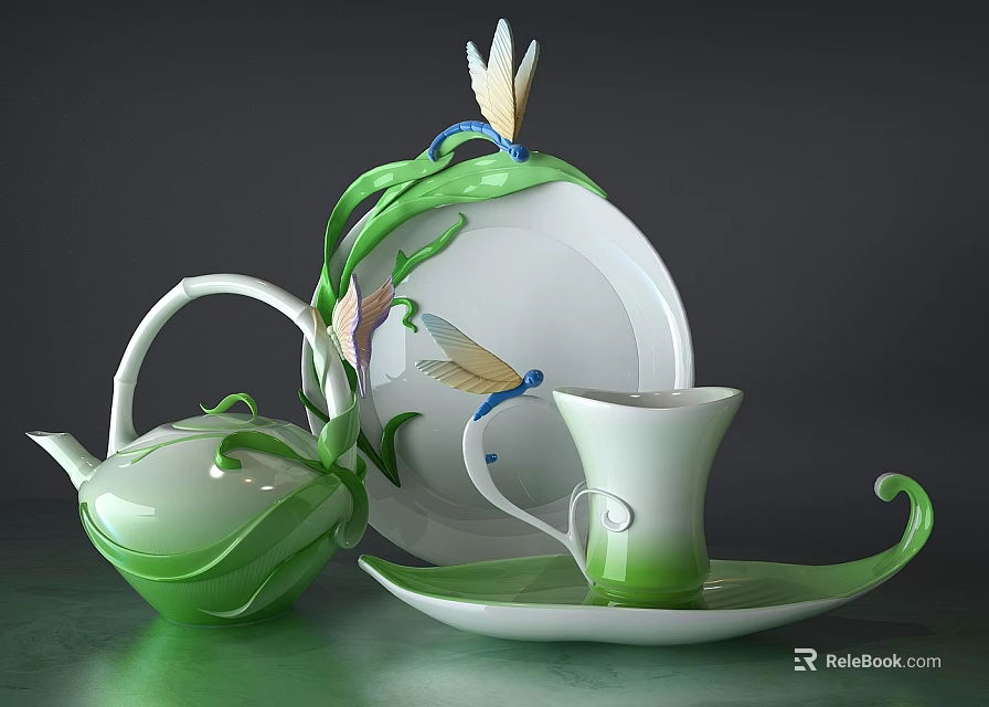 Elegant Green White Tea Set With Decorative Teapot Teacup Plate And Dragonfly Design 3d model 