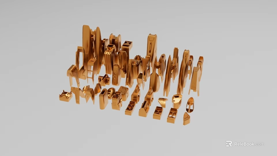 Golden Industrial Equipment Models With Mechanical Parts And Components Arranged In Structures 3d model 