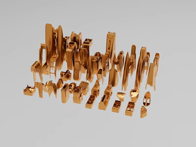 Golden Industrial Equipment Models With Mechanical Parts And Components Arranged In Structures 3d model