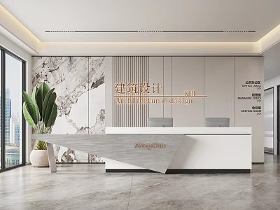 Modern Architectural Design Reception Area with Marble Backdrop Large Windows City View and Green Plant 3d model