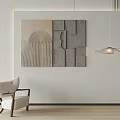 Abstract Wall Art With Geometric Panels And Modern Pendant Light Near White Chair