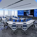 Modern Monitoring Room Featuring Multiple Large Screens Displaying Data Charts Control Consoles Computers Office Chairs