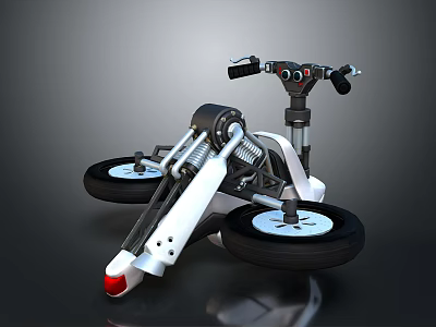 Futuristic Three Wheeled Motorcycle With White Black Body Mechanical Suspension And Handlebar Controls 3d model