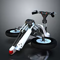 Futuristic Three Wheeled Motorcycle With White Black Body Mechanical Suspension And Handlebar Controls