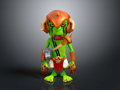 Cartoon Green Goblin Character With Orange Horns Large Ears Metal Armor And Red Shorts 3d model