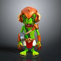 Cartoon Green Goblin Character With Orange Horns Large Ears Metal Armor And Red Shorts