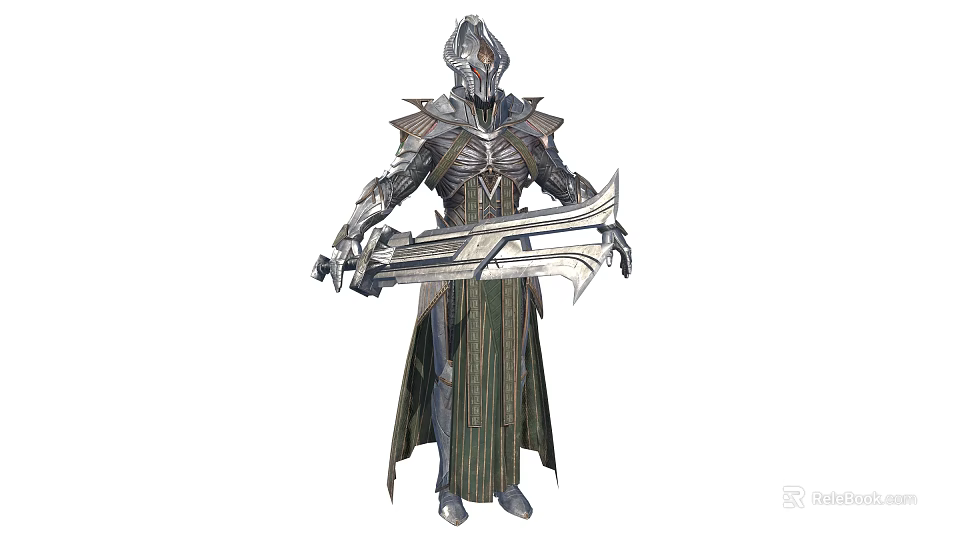 Armored Fantasy Warrior Character With Spiked Helmet Robe And Large Double Bladed Weapon 3d model 