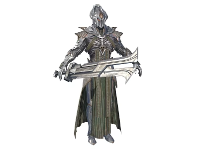 Armored Fantasy Warrior Character With Spiked Helmet Robe And Large Double Bladed Weapon 3d model
