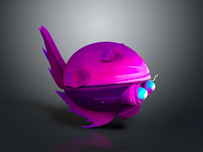 Vibrant Purple Creature Character 3D Model With Spherical Body Fins And Blue Glowing Eyes 3d model