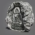 Intricate Stone Landscape Sculpture Depicting Seated Buddha on Lotus Pedestal with Rock Texture