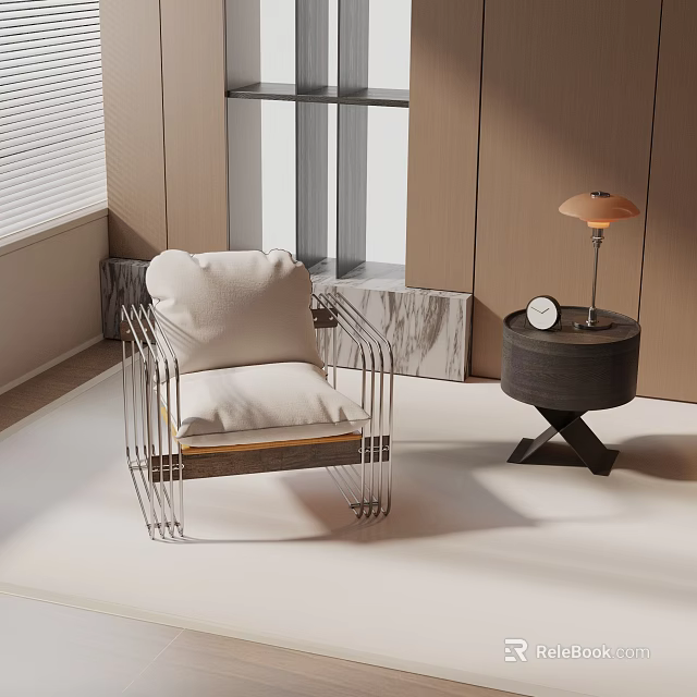 Modern Lounge Chair with Metal Legs White Cushion Side Table Lamp Clock in Living Room 3d model 
