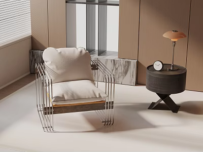 Modern Lounge Chair with Metal Legs White Cushion Side Table Lamp Clock in Living Room 3d model
