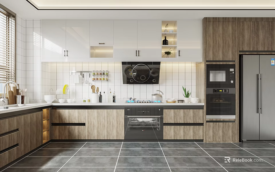 Modern Kitchen With White And Wooden Cabinets Stove Range Hood Microwave And Gray Tiled Floor 3d model 