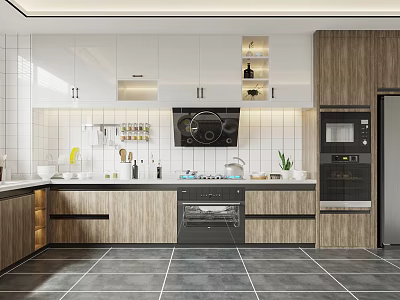 Modern Kitchen With White And Wooden Cabinets Stove Range Hood Microwave And Gray Tiled Floor 3d model