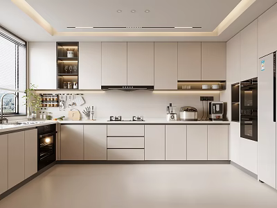 Modern Kitchen Interior With Integrated Cabinets Countertop Appliances And Open Shelves 3d model