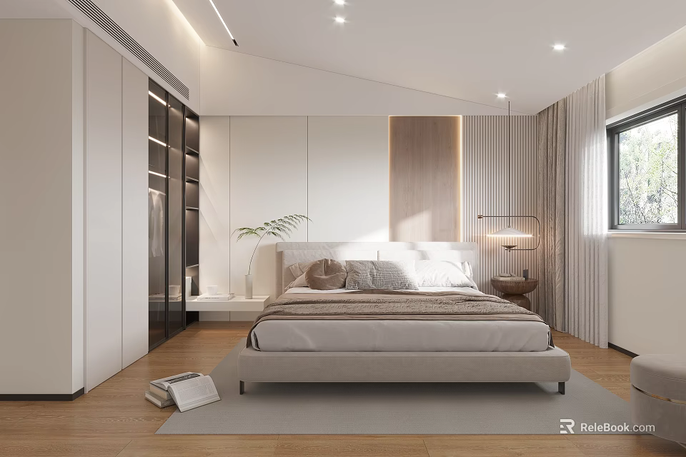 Modern Minimalist Bedroom Interior With Double Bed Built In Wardrobe And Wooden Floor 3d model 