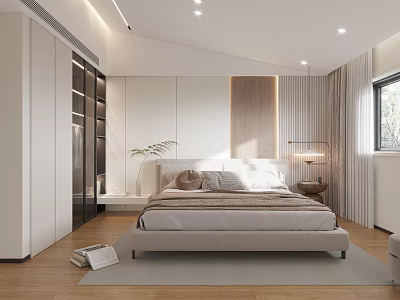 Modern Minimalist Bedroom Interior With Double Bed Built In Wardrobe And Wooden Floor 3d model