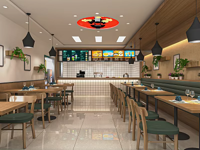 Modern Restaurant Interior With Wooden Decor Green Seats Pendant Lights And Menu Board 3d model