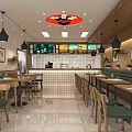 Modern Restaurant Interior With Wooden Decor Green Seats Pendant Lights And Menu Board