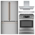 Modern Black Kitchen Appliances Including Refrigerator Range Hood And Oven