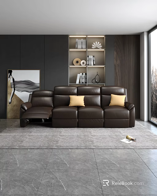 Brown Leather Sectional Sofa with Yellow Pillows in Modern Living Room with Artwork 3d model 