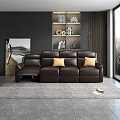 Brown Leather Sectional Sofa with Yellow Pillows in Modern Living Room with Artwork