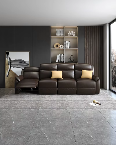 Brown Leather Sectional Sofa with Yellow Pillows in Modern Living Room with Artwork 3d model