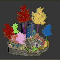 Cartoon Scene Featuring Green House Trees Stone Wall Small Shed And Garden Area