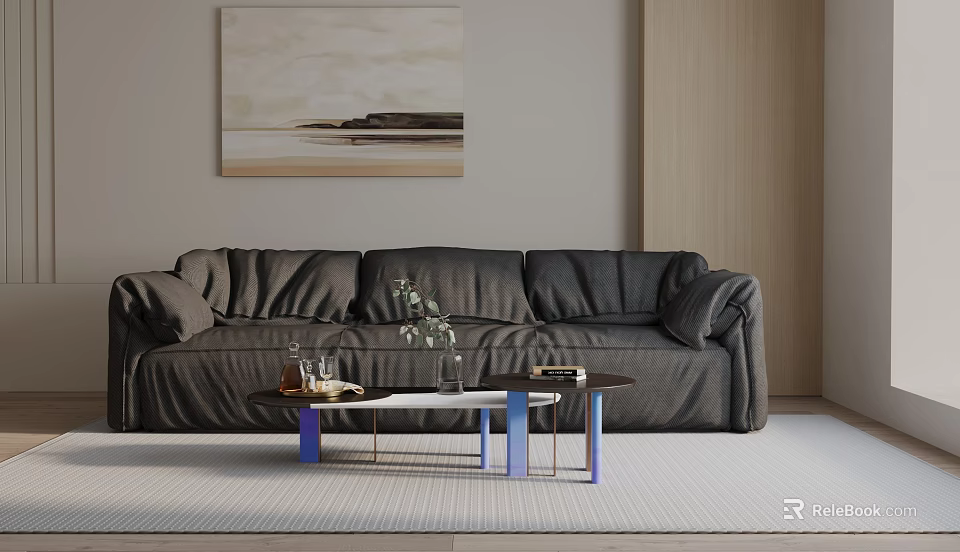 Modern Three-Seater Sofa Interior With Combined Coffee Tables Vase Glassware And Wall Painting 3d model 