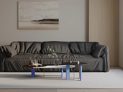 Modern Three-Seater Sofa Interior With Combined Coffee Tables Vase Glassware And Wall Painting 3d model