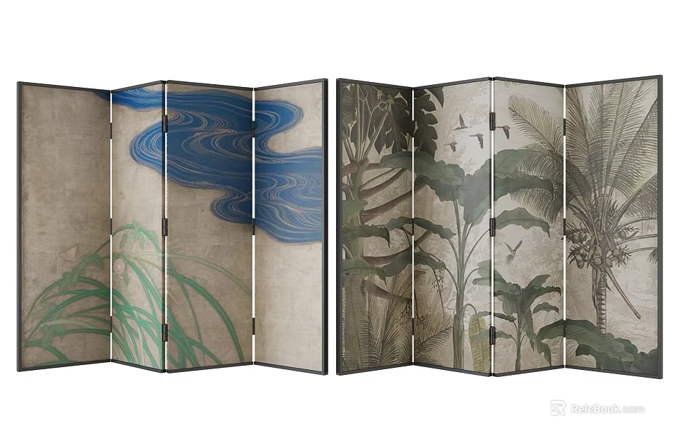 Decorative Folding Screen with Blue Wave and Palm Leaf Nature Artwork Design 3d model