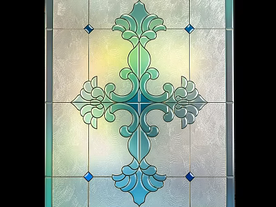 Decorative Stained Glass Window Featuring Blue Green Patterns Cross And Diamond Shapes 3d model