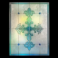 Decorative Stained Glass Window Featuring Blue Green Patterns Cross And Diamond Shapes