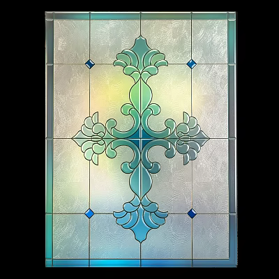 Decorative Stained Glass Window Featuring Blue Green Patterns Cross And Diamond Shapes 3d model