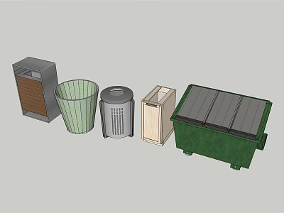 Different Types Of Public Trash Bins Featuring Wooden Wire Mesh Covered And Solar Powered Designs 3d model