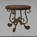 Ornate Round Wooden Table With Red Patterned Tabletop And Curved Spiral Carved Legs