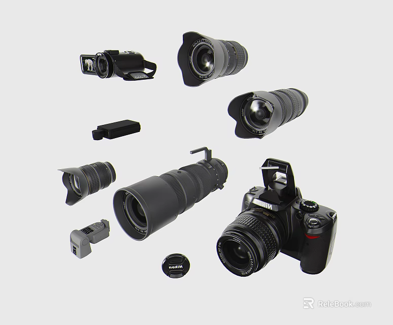 Professional Digital Camera Photography Equipment With Multiple Lenses Flash And Accessories 3d model 