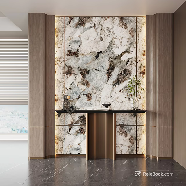 Modern Entryway Cabinet With Side Cabinet And Marble Pattern Lighting Decorative Vase 3d model 