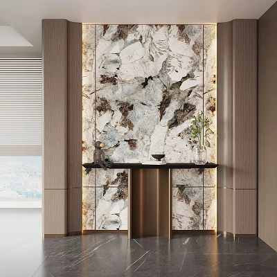 Modern Entryway Cabinet With Side Cabinet And Marble Pattern Lighting Decorative Vase 3d model
