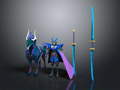 Fantasy Game Character Armored Warrior With Magical Horse And Blue Swords 3d model