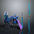 Fantasy Game Character Armored Warrior With Magical Horse And Blue Swords