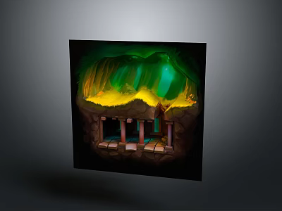 Cartoon Style Glowing Cave Interior With Green Yellow Lights And Stone Columns Platforms 3d model