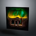 Cartoon Style Glowing Cave Interior With Green Yellow Lights And Stone Columns Platforms
