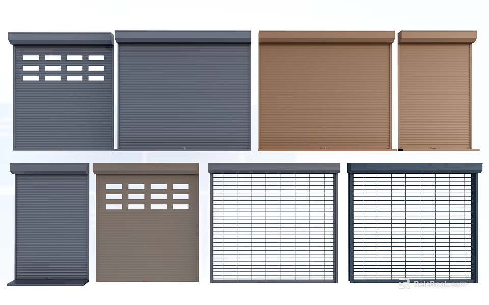 Various Roller Shutter Styles In Gray Brown With Grid And Slatted Patterns 3d model