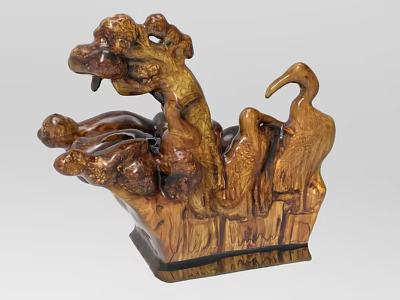 Intricate Wooden Sculpture Carving With Tree Design Crane Figure And Natural Texture 3d model
