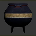 Decorative Blue Ceramic Pot With Gold Stripe Black Legs And Two Handles